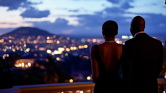 Romantic African American couple enjoying view of city lights at night in luxurious event at night. Elegant couple gazing over illuminated cityscape from balcony.