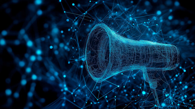 Digital megaphone in futuristic data network background. Concept of communication in virtual space with megaphone.