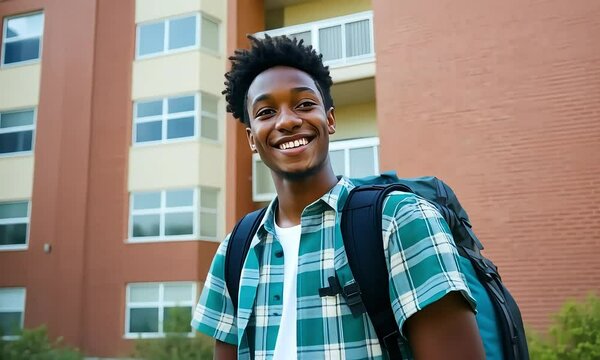 Smiling student with backpack outside dormitory with ai generated.

