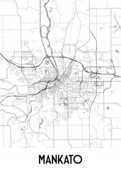 A detailed black and white map of Mankato, Minnesota, showcasing the city's street network, major roads, and waterways. The map features a prominent river winding through the city center