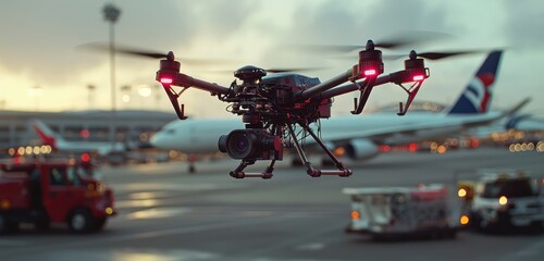 Camera-equipped drone operating near stationary planes, underlining airport regulations.