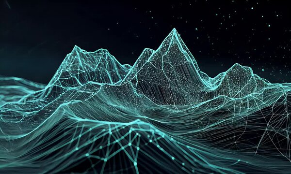 
A dark background with mountains and lines of data flowing across them, creating an abstract digital landscape. The mountain peaks stand out against the night sky, 
