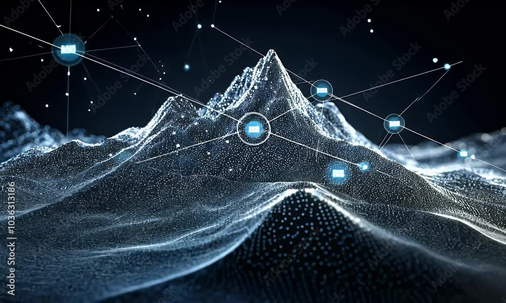 Poster a dark background with mountains and lines of data flowing across them, creating an abstract digital