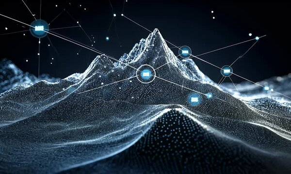 
A dark background with mountains and lines of data flowing across them, creating an abstract digital landscape. The mountain peaks stand out against the night sky, 