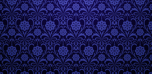 flower damask seamless pattern dark blue colors background. Elegant luxury texture for wallpapers, backgrounds and page fill, surface textures, books covers, fabrics printing, wraps papers, tiles deco