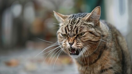 Fototapeta premium Angry Cat Portrait: Close-up of a Feline with Sharp Teeth and Intense Look