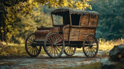 Fototapeta premium A vintage wooden cart with a thatched roof, set in a tranquil outdoor environment.