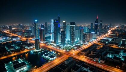Fototapeta premium Bright cityscape at night illuminated by neon lights and traffic