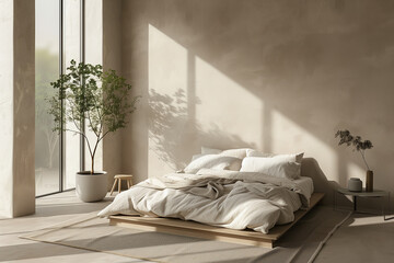 Minimalist bedroom interior design featuring a platform bed with linen bedding, soft beige walls, and floor-to-ceiling windows, creating a serene and relaxing ambiance.