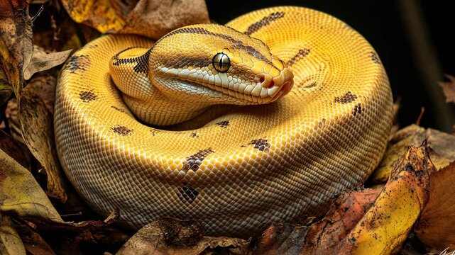 A yellow python with black markings is curled up on a bed of brown leaves