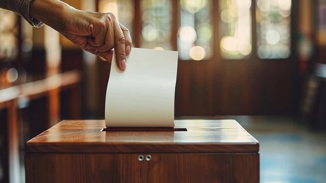A hand is placing a blank ballot into a wooden ballot box inside a community center. Natural light filters through nearby windows, enhancing the atmosphere of civic engagement.