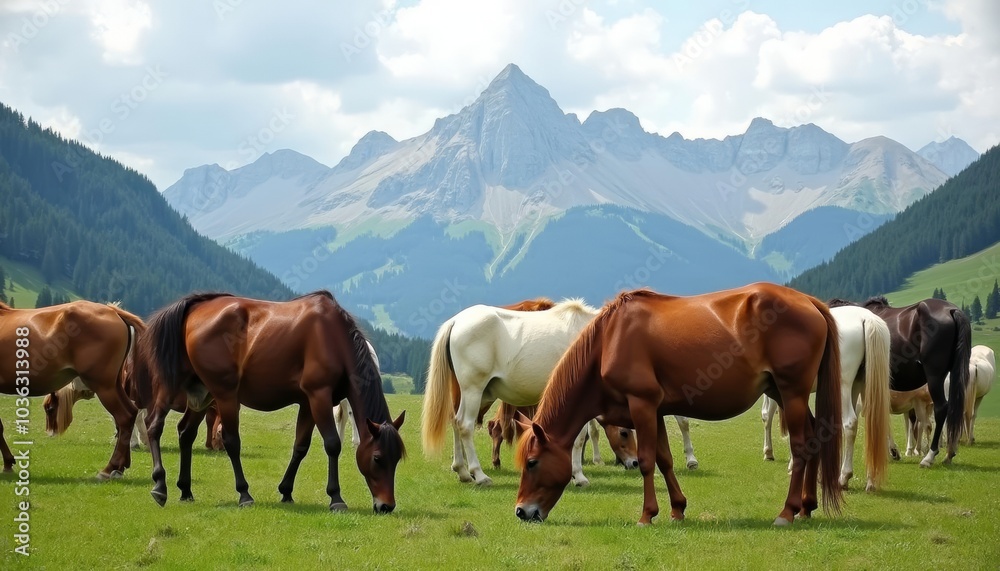 Wall mural  Peaceful herd of horses grazing in a mountainous meadow