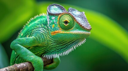 Obraz premium A close-up of a vibrant green chameleon perched on a branch amidst lush foliage.