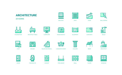 architecture home build construction civil engineering green filled line icons