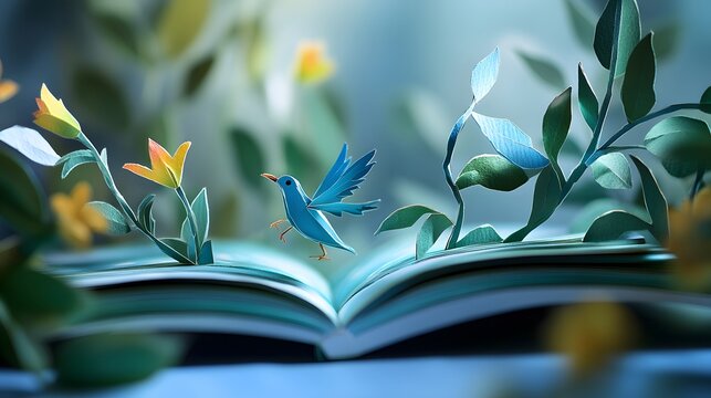 A playful pop-up book style artwork where characters spring from flat 2D pages