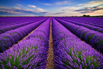 A field of Lavandula (Lavender) in full bloom, with rows of purple flowers stretching into the horizon under a bright blue sky