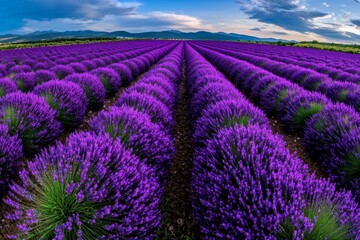 Obraz premium A field of Lavandula (Lavender) in full bloom, with rows of purple flowers stretching into the horizon under a bright blue sky