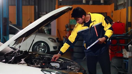 hispanic latin male mechanic repairs car in garage. Closeup hand. Auto car mechanic checking the oil level of the car engine. Car repair and maintenance