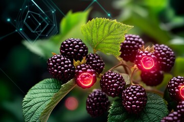 A futuristic digital rendering of Blackberry vines (Rubus Fruticosus), with glowing neon berries and advanced farming technology visible in the background