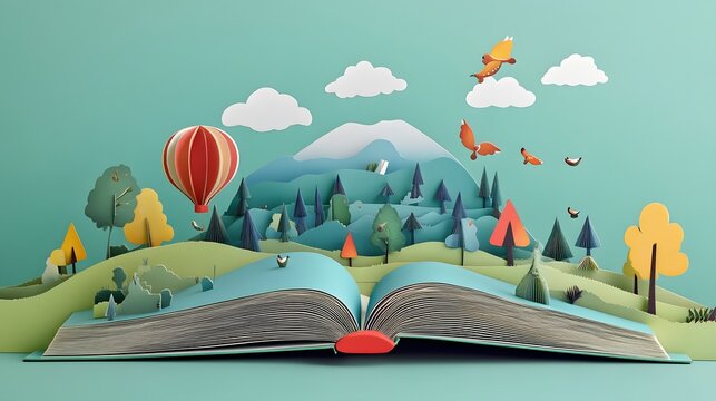 A playful pop-up book style artwork where characters spring from flat 2D pages
