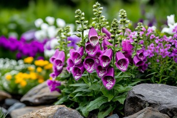 Obraz premium A garden bed filled with a mix of Foxglove and wildflowers, creating a colorful, natural setting