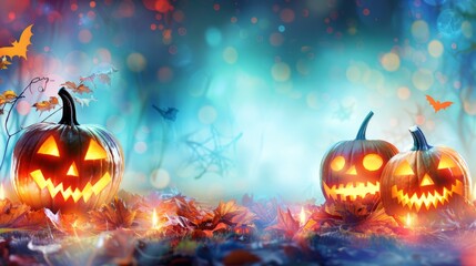 Fototapeta premium Glowing jack-o-lantern pumpkins for Halloween