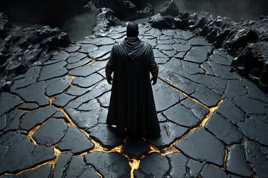 A gothic figure standing at a moral crossroads in a dark, shadowy world, torn between virtues like courage and integrity against darker temptations