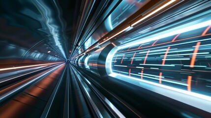 A futuristic hyperloop pod speeding through a vacuum tube in a high-tech cityscape, sci-fi setting with sleek buildings and advanced infrastructure, Futuristic style