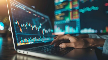 A person analyzing financial data on a laptop with charts and graphs displayed on a screen.
