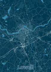 Map of Lowell, a city in Massachusetts, USA. The map is rendered in a minimalist style with a dark blue background and white lines representing roads, streets, and waterways.