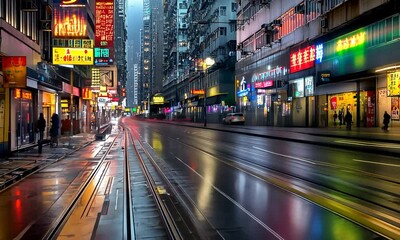 Wet city street at night with long exposure light trails of cars and trams in motion. - Powered by Adobe