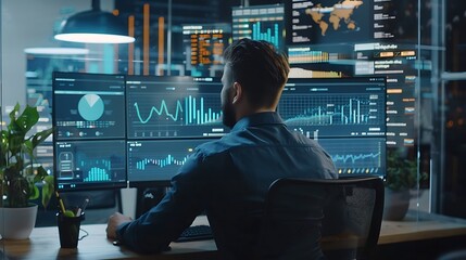 A person analyzing data on multiple screens in a modern office environment.
