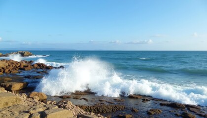 Fototapeta premium Powerful waves crashing against rugged rocks under a clear sky