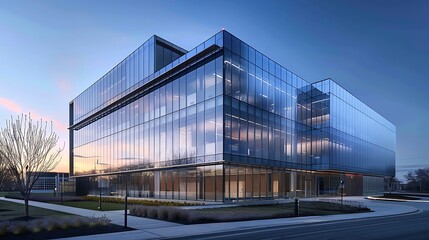 Fototapeta premium A modern glass building showcasing contemporary architectural design at dusk.