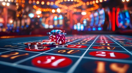 Obraz premium A vibrant roulette table with chips and dice in a lively casino setting.