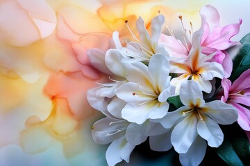Fototapeta premium A soft watercolor painting of Honeysuckle flowers, with delicate shades of white, pink, and yellow blending into the background