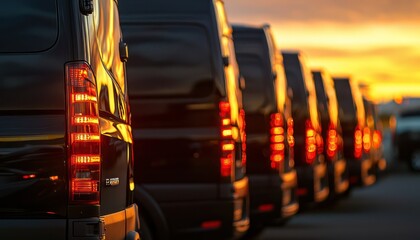 Dealership displays a row of black vans at sunset, highlighting high-end transport.
