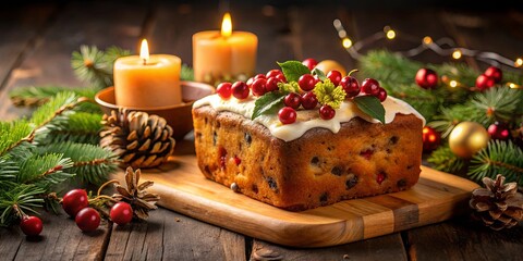 A Festive Christmas Cake with White Icing and Red Berries, Decorated with Pine Branches and Candles on a Rustic Wooden Surface