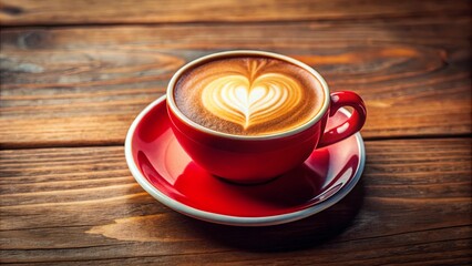 A steaming cup of cappuccino adorned with a heart-shaped latte art, resting on a red saucer, against a rustic wooden backdrop.