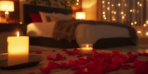 Romantic bedroom decor featuring rose petals and candlelight, creating an intimate and cozy setting perfect for a special occasion. This luxurious bedroom design exudes romance