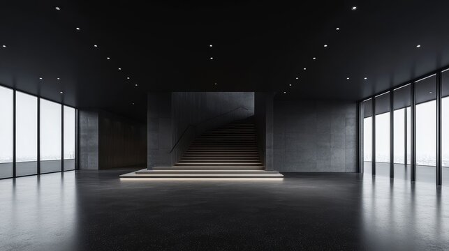 Minimalist black matte showroom interior, spacious and perfect for showcasing modern products and exhibitions. Smooth dark matte design creates an elegant and professional atmosphere