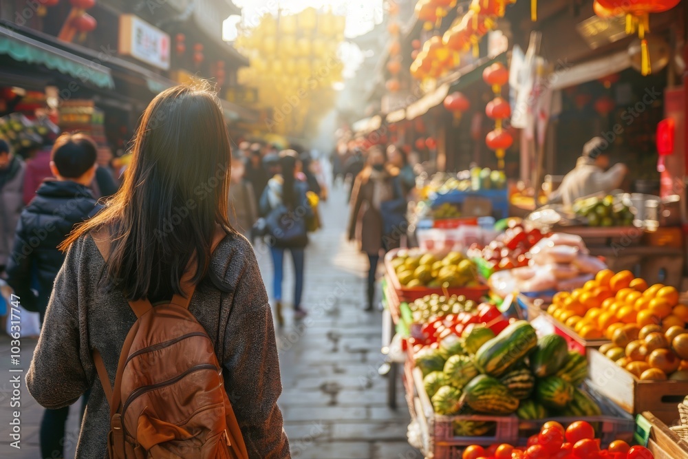 Wall mural Asian women travel lifestyle, China food market street in Beijing. Chinese tourists walking in city streets on Asia vacation tourism, panoramic banner. MZ