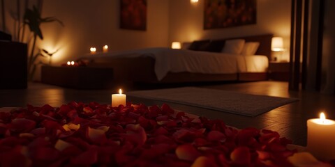 Romantic bedroom decor featuring rose petals and candlelight, creating an intimate and cozy setting perfect for a special occasion. This luxurious bedroom design exudes romance