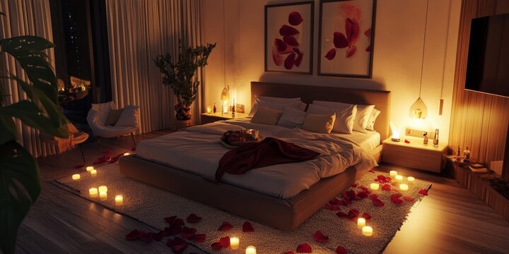 Romantic bedroom decor featuring rose petals and candlelight, creating an intimate and cozy setting perfect for a special occasion. This luxurious bedroom design exudes romance