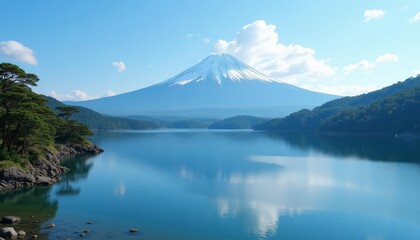  Tranquil lakeside view with majestic mountain backdrop