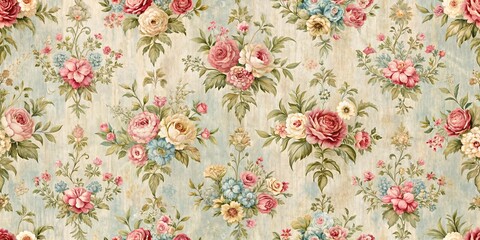 A Whimsical Floral Tapestry Woven with Delicate Roses and Pastel Hues on a Worn Canvas
