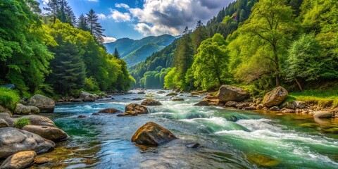 A rushing river winds through a lush green valley, sunlight dappling the water and illuminating the surrounding foliage.