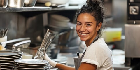 Smiling female dishwasher working diligently in a bustling restaurant kitchen, contributing to the fast-paced culinary environment. Surrounded by the energy of a busy kitchen staff, she embodies the d