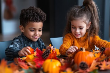Fototapeta premium Children helping set the Thanksgiving table, with fall-themed decorations and a colorful arrangement of dishes and centerpieces