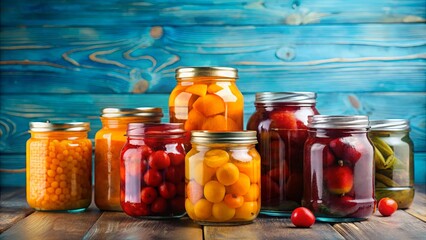A Vibrant Display of Preserved Fruits and Vegetables in Glass Jars on a Rustic Wooden Surface